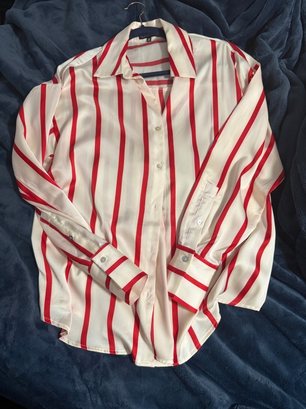Satin Striped Red and White Button-Up Shirt - Size M